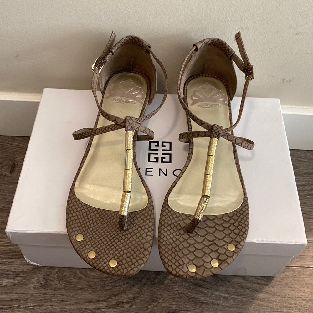 Fergalicious Brown Snake-Print T-Strap Sandals with Gold Accents
